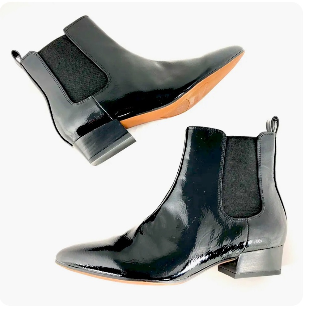 Franco Sarto Archie 2 Chelsea Boot Black Patent Vegan Leather Ankle Bootie